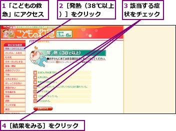 1「こどもの救急」にアクセス,2［発熱（38℃以上）］をクリック,3 該当する症状をチェック,4［結果をみる］をクリック