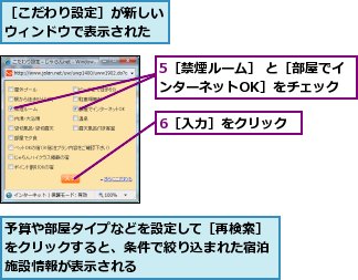 5［禁煙ルーム］ と［部屋でインターネットOK］をチェック,6［入力］をクリック,予算や部屋タイプなどを設定して［再検索］をクリックすると、条件で絞り込まれた宿泊施設情報が表示される,［こだわり設定］が新しいウィンドウで表示された