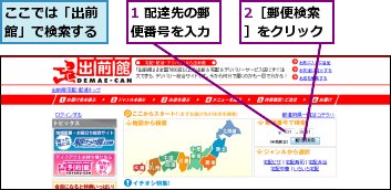 1 配達先の郵便番号を入力,2［郵便検索］をクリック,ここでは「出前館」で検索する