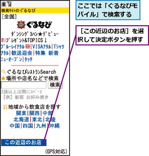 ここでは「ぐるなびモバイル」で検索する,［この近辺のお店］を選択して決定ボタンを押す