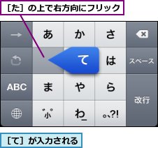 ［た］の上で右方向にフリック,［て］が入力される