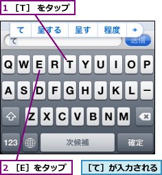 1 ［T］ をタップ,2 ［E］をタップ,［て］が入力される