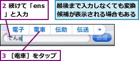 2 続けて「ens 」と入力,3 ［電車］をタップ,最後まで入力しなくても変換候補が表示される場合もある