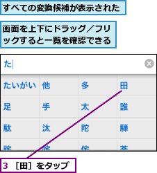 3 ［田］をタップ,すべての変換候補が表示された,画面を上下にドラッグ／フリックすると一覧を確認できる