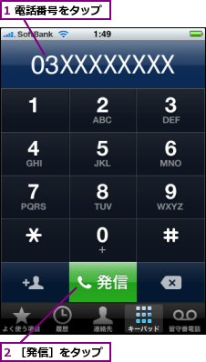 1 電話番号をタップ,2 ［発信］をタップ