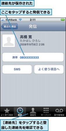 ここをタップすると発信できる,連絡先が保存された,［連絡先］をタップすると登録した連絡先を確認できる