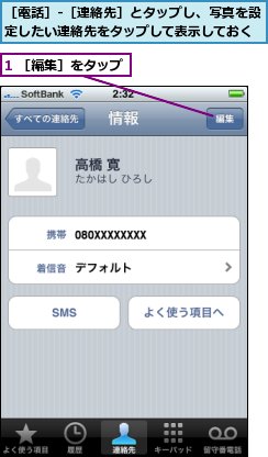 1 ［編集］をタップ,［電話］-［連絡先］とタップし、写真を設定したい連絡先をタップして表示しておく