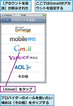 ここではGmailのアカウントを設定する,プロバイダーのメールを使いたい場合は［その他］をタップする,［Gmail］をタップ,［アカウントを追加］が表示された