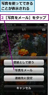 2［写真をメール］をタップ,写真を使ってできることが表示される