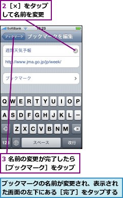 2［×］をタップして名前を変更,3 名前の変更が完了したら［ブックマーク］をタップ,ブックマークの名前が変更され、表示された画面の左下にある［完了］をタップする