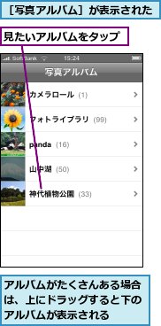 アルバムがたくさんある場合は、上にドラッグすると下のアルバムが表示される,見たいアルバムをタップ,［写真アルバム］が表示された