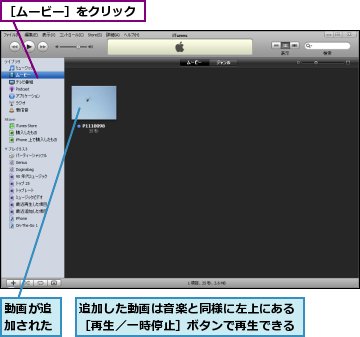 動画が追加された,追加した動画は音楽と同様に左上にある［再生／一時停止］ボタンで再生できる,［ムービー］をクリック