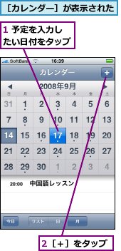 1 予定を入力したい日付をタップ,2［＋］をタップ,［カレンダー］が表示された