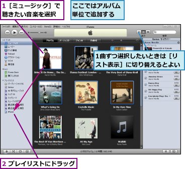 1曲ずつ選択したいときは［リスト表示］に切り替えるとよい,1［ミュージック］で聴きたい音楽を選択,2 プレイリストにドラッグ,ここではアルバム単位で追加する