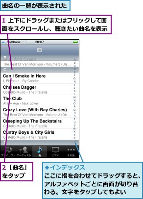 1 上下にドラッグまたはフリックして画面をスクロールし、聴きたい曲名を表示,2［曲名］をタップ,曲名の一覧が表示された
