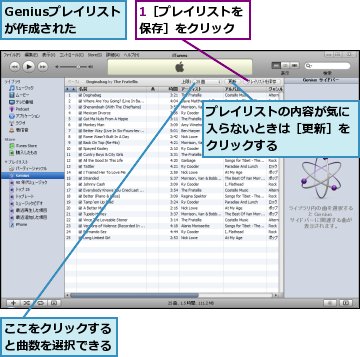 1［プレイリストを保存］をクリック,Geniusプレイリストが作成された,ここをクリックすると曲数を選択できる,プレイリストの内容が気に入らないときは［更新］をクリックする