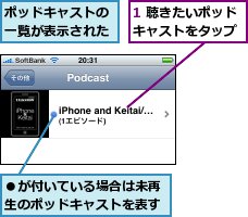 1 聴きたいポッドキャストをタップ,●が付いている場合は未再生のポッドキャストを表す,ポッドキャストの一覧が表示された