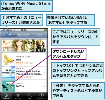 iTunes Wi-Fi Music Storeが表示された,ここではニューリリースの中からアルバムをダウンロードする,ダウンロードしたいアルバムをタップ,表示されていない場合は、［ おすすめ］をタップする,［ おすすめ］の［ニューリリース］が表示された,［トップ10］ではジャンルごとのトップソングとトップアルバムを見ることができる,［検索］ をタップすると曲名やアーティスト名などで検索ができる