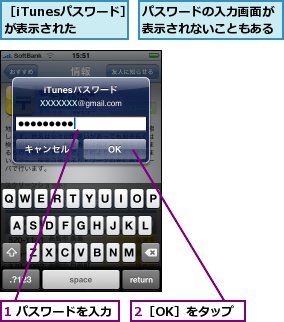 1 パスワードを入力,2［OK］をタップ,パスワードの入力画面が表示されないこともある,［iTunesパスワード］が表示された