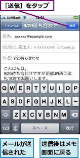メールが送信された,送信後はメモ画面に戻る,［送信］をタップ
