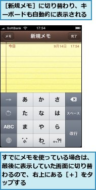 すでにメモを使っている場合は、最後に表示していた画面に切り替わるので、右上にある［＋］をタップする,［新規メモ］に切り替わり、キーボードも自動的に表示される
