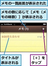 タイトルが表示される,メモの一覧画面が表示された,メモの数に応じて［メモ（メモの総数）］が表示される,［＋］をタップ