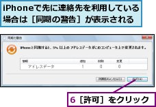 6［許可］をクリック,iPhoneで先に連絡先を利用している場合は［同期の警告］が表示される