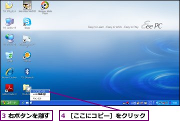 3 右ボタンを離す,4 ［ここにコピー］をクリック