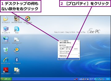 1 デスクトップの何もない部分を右クリック,2 ［プロパティ］をクリック