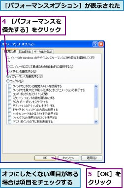4 ［パフォーマンスを優先する］をクリック,5 ［OK］をクリック,オフにしたくない項目がある場合は項目をチェックする,［パフォーマンスオプション］が表示された