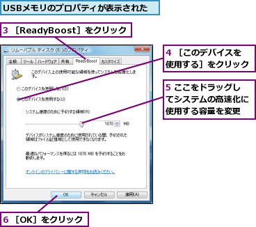 3 ［ReadyBoost］をクリック,4 ［このデバイスを使用する］をクリック,5 ここをドラッグしてシステムの高速化に使用する容量を変更,6 ［OK］をクリック,USBメモリのプロパティが表示された