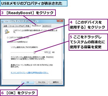 3 ［ReadyBoost］をクリック,4 ［このデバイスを使用する］をクリック,5 ここをドラッグしてシステムの高速化に使用する容量を変更,6 ［OK］をクリック,USBメモリのプロパティが表示された