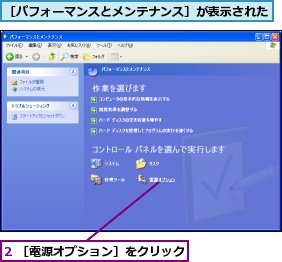 2 ［電源オプション］をクリック,［パフォーマンスとメンテナンス］が表示された