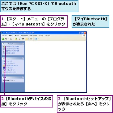 1 ［スタート］メニューの［プログラム］-［マイBluetooth］をクリック,2［Bluetoothデバイスの追加］をクリック,3 ［Bluetoothセットアップ］が表示されたら［次へ］をクリック,ここでは「Eee PC 901-X」でBluetoothマウスを接続する,［マイBluetooth］が表示された