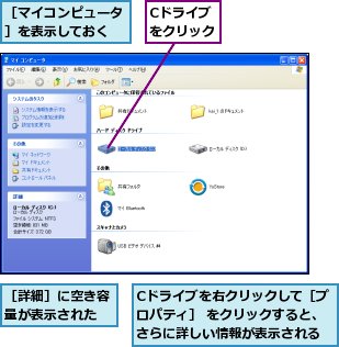 Cドライブをクリック,Cドライブを右クリックして［プロパティ］ をクリックすると、さらに詳しい情報が表示される,［マイコンピュータ］を表示しておく,［詳細］に空き容量が表示された