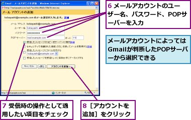 6 メールアカウントのユーザー名、パスワード、POPサーバーを入力,7 受信時の操作として適用したい項目をチェック,8［アカウントを追加］をクリック,メールアカウントによってはGmailが判断したPOPサーバーから選択できる