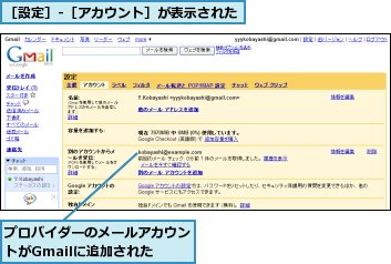 プロバイダーのメールアカウントがGmailに追加された,［設定］-［アカウント］が表示された