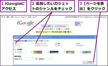 1 iGoogleにアクセス,2 追加したいガジェットのジャンルをチェック,3［ページを表示］をクリック