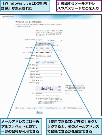 3 希望するメールアドレスやパスワードなどを入力,メールアドレスには半角アルファベットと数字、一部の記号が利用できる,［Windows Live IDの新規登録］が表示された,［使用できるID か確認］をクリックすると、そのメールアドレスで登録できるかを確認できる