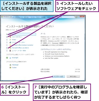 5 インストールしたいソフトウェアをチェック,6［インストール］をクリック,7［実行中のプログラムを確認しています］が表示されたら、確認が完了するまでしばらく待つ,［インストールする製品を選択してください］が表示された