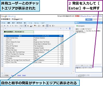 2 発言を入力して［Enter］キーを押す,共有ユーザーとのチャットエリアが表示された,自分と相手の発言がチャットエリアに表示される