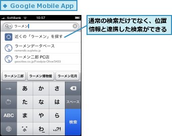 通常の検索だけでなく、位置情報と連携した検索ができる