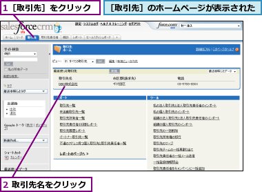 1［取引先］をクリック,2 取引先名をクリック,［取引先］のホームページが表示された