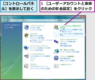 1 ［ユーザーアカウントと家族のための安全設定］をクリック,［コントロールパネル］を表示しておく