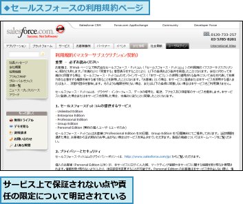 サービス上で保証されない点や責任の限定について明記されている