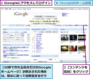 1 iGoogleにアクセスしてログイン,2［コンテンツを追加］をクリック,［30秒で作れる自分だけのGoogleホームページ］が表示された場合は、指示に従って初期設定を行う