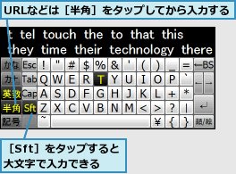 URLなどは［半角］をタップしてから入力する,［Sft］をタップすると大文字で入力できる