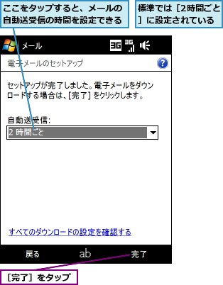 ここをタップすると、メールの自動送受信の時間を設定できる,標準では［2時間ごと］に設定されている,［完了］をタップ