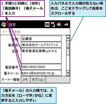 1 手順3と同様に［住所］［電話番号］［電子メール］を入力,入力パネルで入力欄が見えない場合は、ここをドラッグして画面をスクロールする,［電子メール］の入力欄では、入力方式を［ローマ字/かな］に変更すると入力しやすい