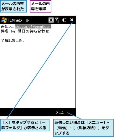 メールの内容が表示された,メールの内容を確認,返信したい場合は［メニュー］‐［返信］‐［（返信方法）］をタップする,［×］をタップすると［一般フォルダ］が表示される